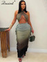 Znaiml Sexy Halter Vests and Side Ruffles Maxi Skirt 2 Piece Sets Women Summer Tie Dye Gradient Print Holiday Beach Club Outfits