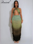 Znaiml Sexy Halter Vests and Side Ruffles Maxi Skirt 2 Piece Sets Women Summer Tie Dye Gradient Print Holiday Beach Club Outfits