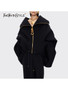 TWOTWINSTYLE Solid Loose Spliced Zipper Fashion Jackets for Women Lapel Long Sleeves Patchwork Lace Up Casual Jacket Female New