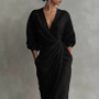 Women's Sexy V Neck Wrap Waist Long Dresses 2026 Spring Casual Solid Slim Bodycon Hips Dress Elegant Long Sleeve Slit Maxi Dress