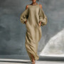 Bohemian Woman Dresses Vacation Sexy Cold Shoulder Lantern Long Sleeve Maxi Dress 2026 Spring Casual O Neck Solid Pullover Dress