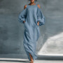 Bohemian Woman Dresses Vacation Sexy Cold Shoulder Lantern Long Sleeve Maxi Dress 2026 Spring Casual O Neck Solid Pullover Dress