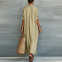 Vintage Contrast Color Vacation Maxi Dress Woman Spring Single Breasted Lapel Shirt Dresses Summer Short Sleeve Loose Boho Dress