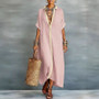 Vintage Contrast Color Vacation Maxi Dress Woman Spring Single Breasted Lapel Shirt Dresses Summer Short Sleeve Loose Boho Dress