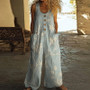 Ethnic Retro Floral Print Wide Leg Jumpsuits Woman Elegant U Neck Button Pocket Rompers Playsuit Summer Sleeveless Strap Overall