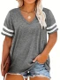 Women Fashion Plus Size V-neck Summer Color Blocked  T-shirt Summer Loose Top Short Sleeved Casual T-shirt 1XL-8XL