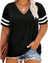 Women Fashion Plus Size V-neck Summer Color Blocked  T-shirt Summer Loose Top Short Sleeved Casual T-shirt 1XL-8XL