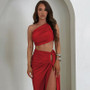 Ladies Summer 2 Pieces Set Women Sleeveless Backless Strap Spit Crop Top Side Slit Slim Long Skirt Evening Party Club Streetwear