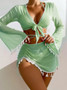 Women's Summer Casual Sexy Tassel Mesh Short Skirt New Style Four Piece Bikini Beachwear Set Solid Color