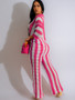 JRRY Sexy Women Knitted Set Two Pieces Set Short Sleeve Buttons Top Long Loose Pants Crocheted 2 Pieces Set Crochet Beach Wear