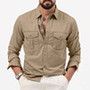 Spring Summer New European and American Men's Solid Color Shirt Multi-pocket Casual Long-sleeved Shirt