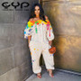 Women's Summer Sexy Hip Hop Regular Knitted Full-Length Jumpsuit Breathable Long-Sleeved Puff Sleeve Ink Splashing Fashion
