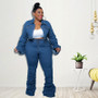 Denim Plus Size Sets Women 2 Piece Set Puff Long Sleeve Jacket Stretch Stacked Jeans Fall Winter Clothes Wholesale Dropshipping