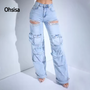 Ohsisa 2025 New Spring and Summer Jeans Fashionable Hollow Diamond Decoration Multi-pocket Stretch Cargo Jeans for Ladies
