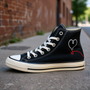 For for for Hi Black Canvas Sneakers Heart Embroidered Lace up Unisex Casual Shoes 100% Authentic