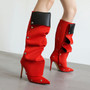 Red Studded Knee High Boots Buckle Wrinkle Booties Pointy Toe Back Zip Stiletto Heels Women Autumn Cool Girl Daily Casual Shoes