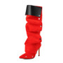 Red Studded Knee High Boots Buckle Wrinkle Booties Pointy Toe Back Zip Stiletto Heels Women Autumn Cool Girl Daily Casual Shoes