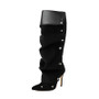 Red Studded Knee High Boots Buckle Wrinkle Booties Pointy Toe Back Zip Stiletto Heels Women Autumn Cool Girl Daily Casual Shoes