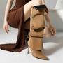 Red Studded Knee High Boots Buckle Wrinkle Booties Pointy Toe Back Zip Stiletto Heels Women Autumn Cool Girl Daily Casual Shoes
