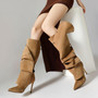 Red Studded Knee High Boots Buckle Wrinkle Booties Pointy Toe Back Zip Stiletto Heels Women Autumn Cool Girl Daily Casual Shoes