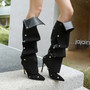 Red Studded Knee High Boots Buckle Wrinkle Booties Pointy Toe Back Zip Stiletto Heels Women Autumn Cool Girl Daily Casual Shoes