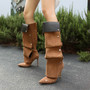 Red Studded Knee High Boots Buckle Wrinkle Booties Pointy Toe Back Zip Stiletto Heels Women Autumn Cool Girl Daily Casual Shoes