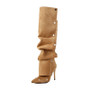 Red Studded Knee High Boots Buckle Wrinkle Booties Pointy Toe Back Zip Stiletto Heels Women Autumn Cool Girl Daily Casual Shoes