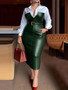 Womens Shirt Collar Dresses New Autumn Buttons Long Sleeve PU Leather Patchwork Pocket Skinny Belted Lapel Female Midi Dress