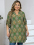 【Plus-size】Lady's vacation-style blouse, half-open front, three-quarter sleeve top,with a cuff, positioning print, elegant