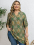 【Plus-size】Lady's vacation-style blouse, half-open front, three-quarter sleeve top,with a cuff, positioning print, elegant