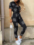 Summer Women's New Fashion Flip Collar Button Print Belt Lace Up Work Dress Casual Capris Jumpsuit Office