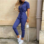 Summer Women's New Fashion Flip Collar Button Print Belt Lace Up Work Dress Casual Capris Jumpsuit Office