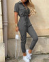 Summer Women's New Fashion Flip Collar Button Print Belt Lace Up Work Dress Casual Capris Jumpsuit Office