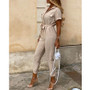 Summer Women's New Fashion Flip Collar Button Print Belt Lace Up Work Dress Casual Capris Jumpsuit Office