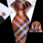 High Quality Luxury Business Fashion Men Gift Orange Plaid Checked Tie Jacquard Woven Silk Necktie Pocket Square Cufflinks Set