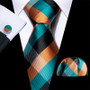 High Quality Luxury Business Fashion Men Gift Orange Plaid Checked Tie Jacquard Woven Silk Necktie Pocket Square Cufflinks Set