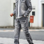 Men's Street Style Casual Distressed Raw-Hem Grey Denim Set, a minimalist and fashionable two-piece ensemble.