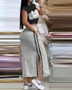 Two Piece Sets Women Outifit 2023 Summer Fashion Print Colorblock O-Neck Short Sleeve Crop Top & Casual Striped Pocket Skirt Set