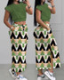 Two Piece Sets Women Outifit 2023 Summer Fashion Print Colorblock O-Neck Short Sleeve Crop Top & Casual Striped Pocket Skirt Set