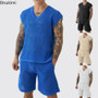New Men's Summer Casual Knit V Neck Two-piece Sets Fashion Solid Loose Tank Tops and Shorts Sport Suit Men Hollow Out Streetwear