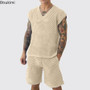 New Men's Summer Casual Knit V Neck Two-piece Sets Fashion Solid Loose Tank Tops and Shorts Sport Suit Men Hollow Out Streetwear