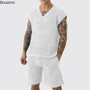 New Men's Summer Casual Knit V Neck Two-piece Sets Fashion Solid Loose Tank Tops and Shorts Sport Suit Men Hollow Out Streetwear