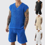 New Men's Summer Casual Knit V Neck Two-piece Sets Fashion Solid Loose Tank Tops and Shorts Sport Suit Men Hollow Out Streetwear