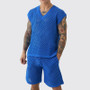 New Men's Summer Casual Knit V Neck Two-piece Sets Fashion Solid Loose Tank Tops and Shorts Sport Suit Men Hollow Out Streetwear