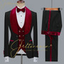 Fashion Designs Men Suits Groomsman Black Floral Jacket Burgundy Velvet Lapel Formal Groom Wear Wedding Party Dress Prom Tuxedos