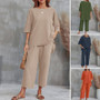 S-4XL Summer Plus Size Women Cotton Loose Elegant Short Sleeve Trousers Two-piece Set Solid Color Breathable Women Casual Suits