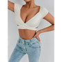 Summer Women's Sexy V Neck T-Shirt High Waisted Push Up Crop Top Stretchy Blend Daily Club Outfit Beach Elegant Curvy Fit Tee