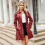 Leather Clothing Women's Fashion Solid Color Lapel Zipper Slim Long Sleeve with Belt Faux Leather Elegant Office Street Jacket