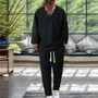 European American Autumn Casual Men's Textured Texture Solid Color V-neck Pullover Short Sleeve Drawstring Pocket Trousers Set