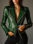 Women PU Leather Jackets Alligator Pattern Lapel Collar High Waist Pockets Vintage Long Sleeve Hip Hop Outerwear Zipper Jacket